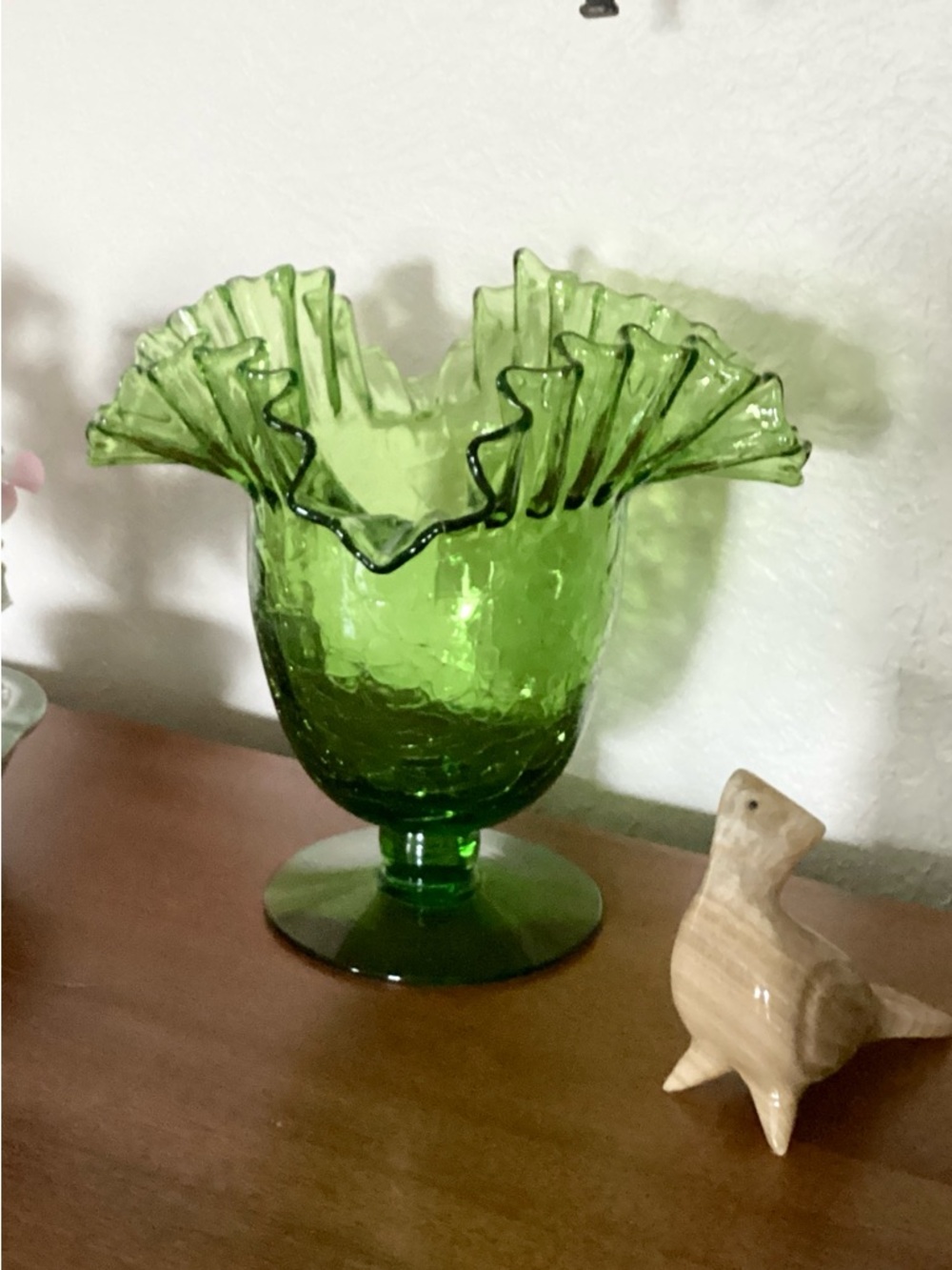 Blenko 388 Green Crackle Art Glass Vase Handcrafted Crimped Ruffled Edge Vintage